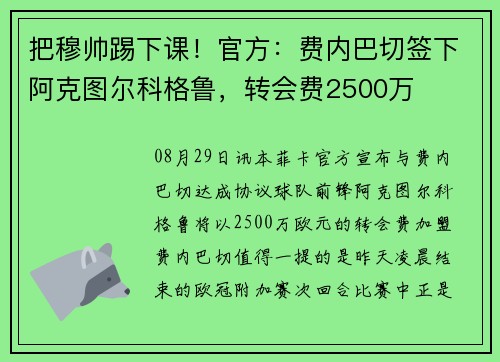 把穆帅踢下课！官方：费内巴切签下阿克图尔科格鲁，转会费2500万