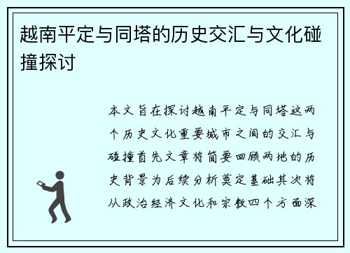 越南平定与同塔的历史交汇与文化碰撞探讨